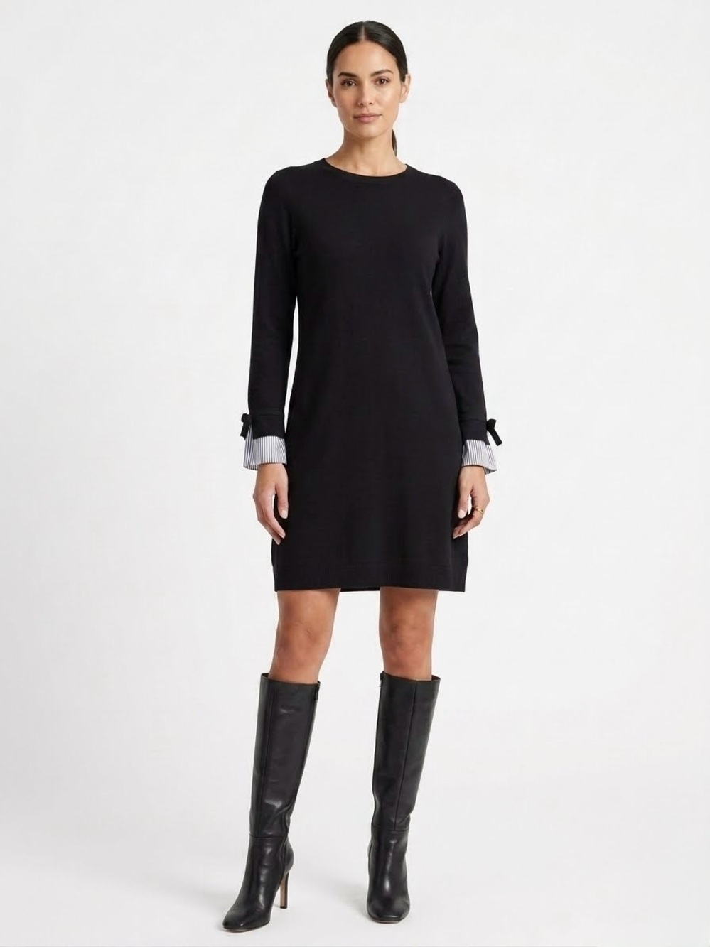 LOFT Black Mini Sweater Shift Dress Stripe-Cuff Bow Detail Sz S Academia Preppy - Picture 2 of 12
